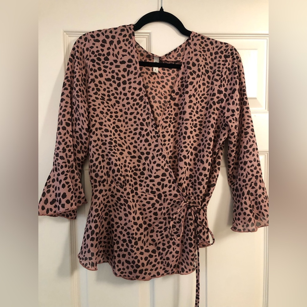 Boutique Wrap Blouse Leopard Print Pink 3/4 Length Slevee MTS